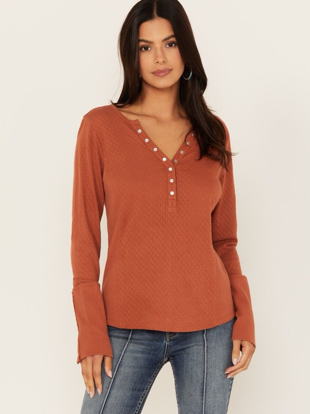 Idyllwind Miranda Lambert Pearl Knit Henley Snap Cuff Top | Rust | Medium